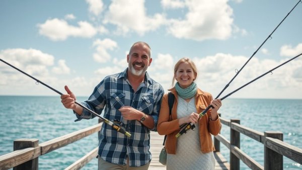 Ellie Beach Resort Myrtle Beach pier fishing scene with smiling adults.