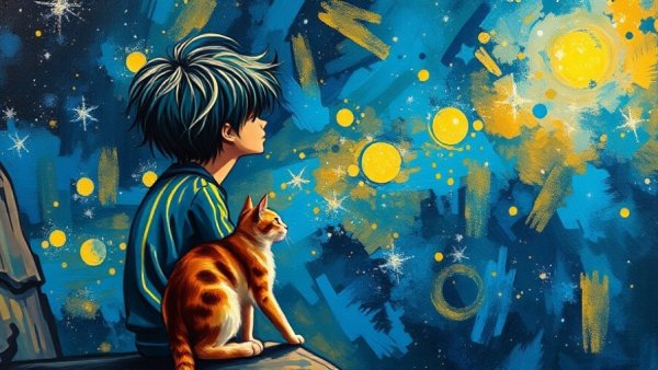 Abstract painting of person and cat looking at stars, symbolizing pressure to dream big