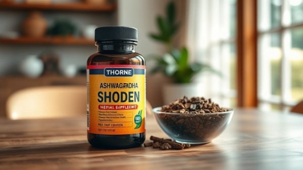 Thorne Ashwagandha Shoden supplement bottle with herbs on table