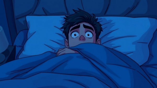 Anxious man in bed dealing with nighttime anxiety solutions, cartoon style.