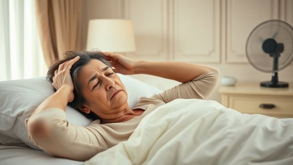 Woman experiencing stress from perimenopause, lying in bed.