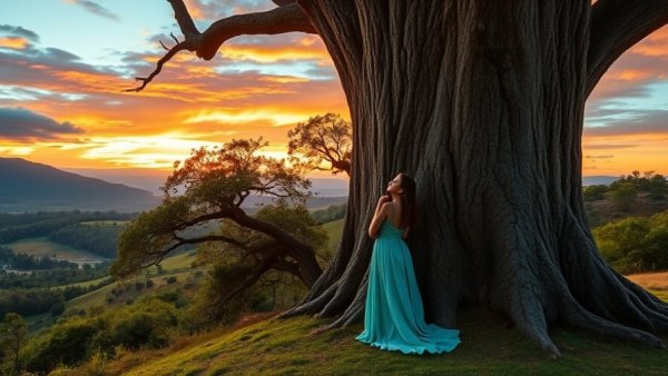 Serene woman embracing nature, standing by a large tree during a sunset, symbolizing resilience in sports recovery.