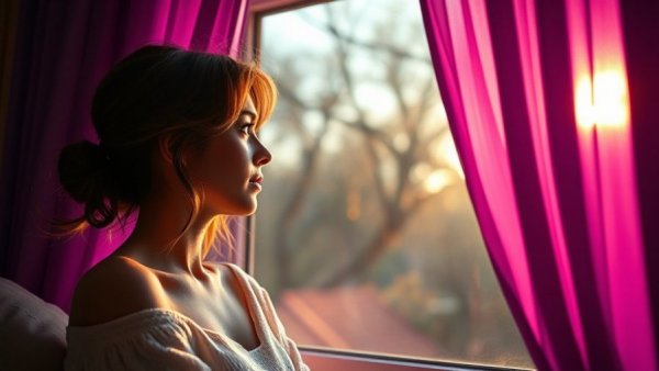Young woman contemplating by window, vibrant colors, soft light.