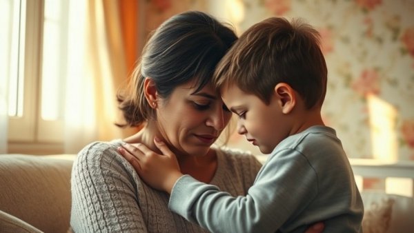 Mother and son sharing emotional honesty in parenting, sunlit room.