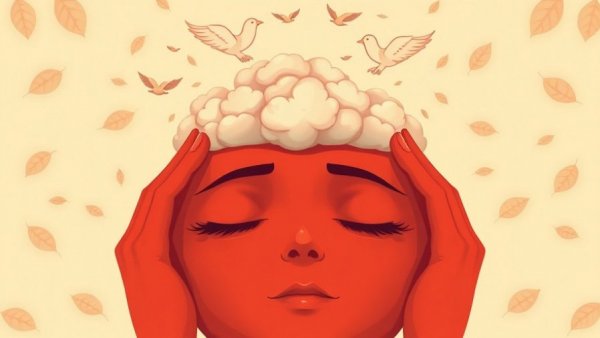 Abstract art illustrating mental health and anxiety with serene face, clouds, and birds.