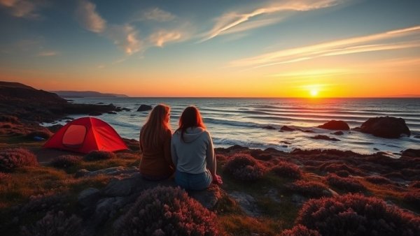 Serene seaside camping scene depicting present-moment awareness.
