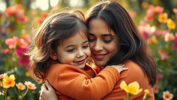 Healing Through Parenting: Mother and child embracing in a garden
