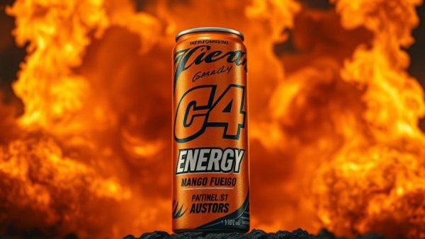 C4 Energy Mango Fuego can with fiery explosion background.