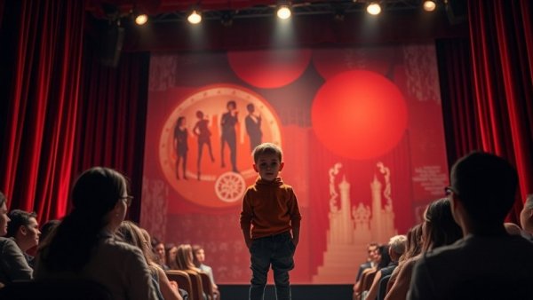 Young boy on stage overcoming erythrophobia in dramatic spotlight.