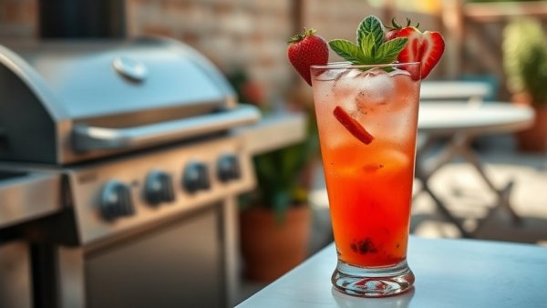 Strawberry Basil Whiskey Smash cocktail on patio table near grill.
