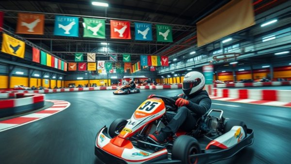 Racer speeding at Andretti Indoor Karting track with vibrant lighting.