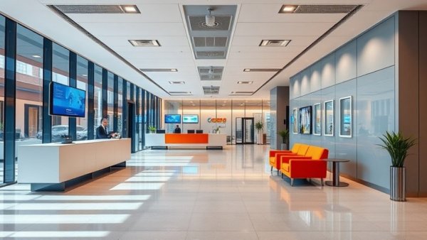 Modern office reception in Raleigh with orange seating and digital elements