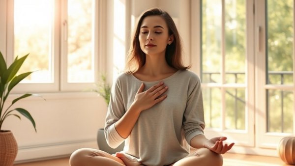 Serene woman practicing self-care, enjoying morning meditation.