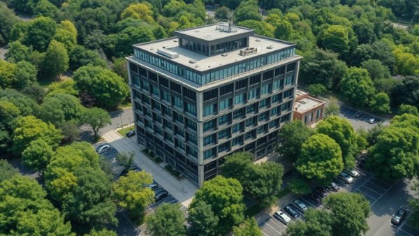 Aerial view of Cary mixed-use developments surrounded by greenery.