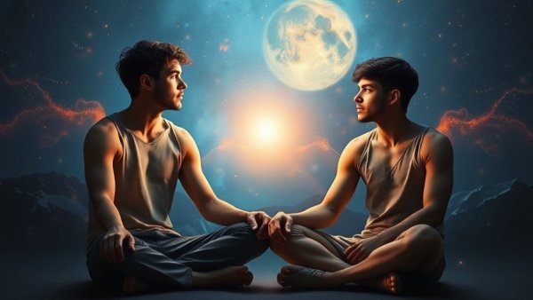 Two men connected by light in a cosmic backdrop, symbolizing kindness.