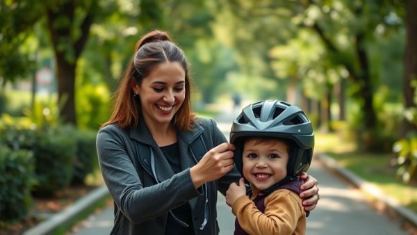 Mother fastening helmet on child in park, bicycle nearby.