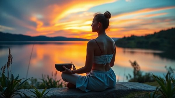 Sound bath benefits for stress relief in tranquil meditation setting.
