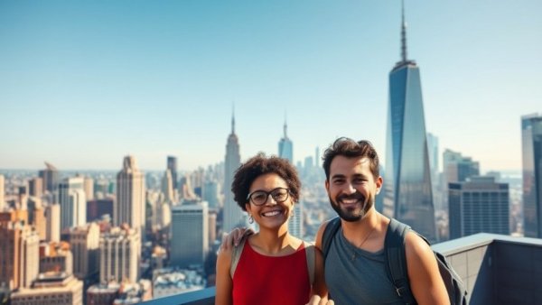 Family enjoying city skyline from a rooftop.