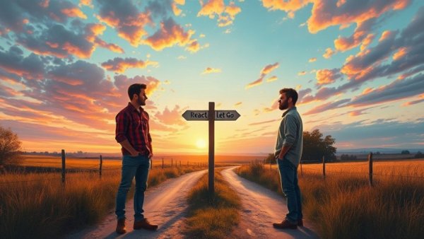 Two men at a crossroads with 'React' and 'Let Go' sign, sunset.