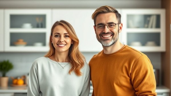 Cheerful duo in modern kitchen for all-day drinks in Raleigh.