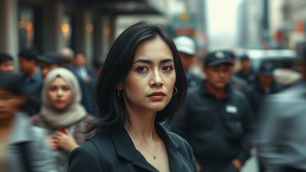 Woman standing calm in blurred crowd, symbolizing tiny shifts in emotional health.