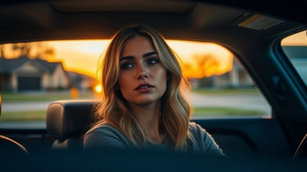 Contemplative woman in car at sunset, feeling trapped in life.