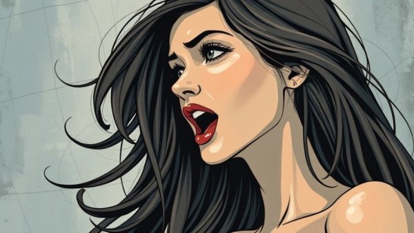 Stylized illustration of a woman with emotional expression.
