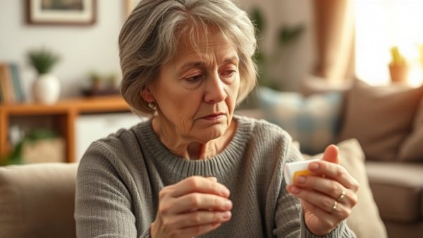 Middle-aged woman examining medication for hormone replacement therapy benefits.
