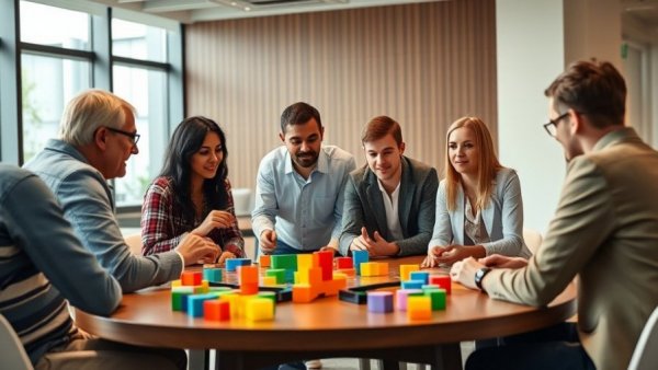 Diverse group participating in workshop with colorful blocks.