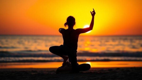 Person practicing yoga to avoid sports injuries at sunset on a beach.