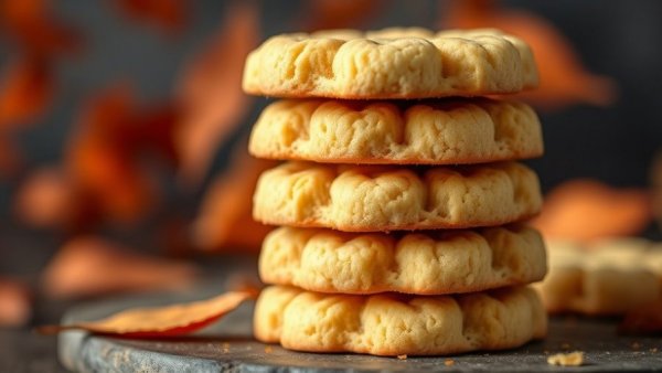 Creamy shortbread cookies with autumn leaves in background.