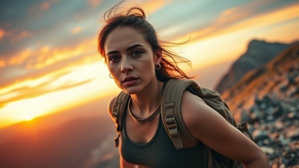 Determined woman climbing uphill at sunrise, overcoming self-sabotage.