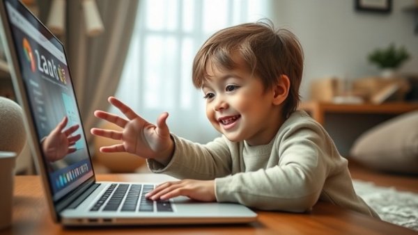 Child interacting with virtual e-learning interface, enhancing storytelling.