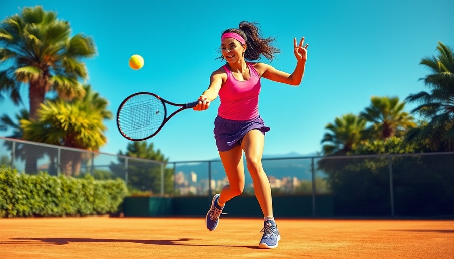 Dynamic tennis player mid-swing on clay court, showcasing sports performance.