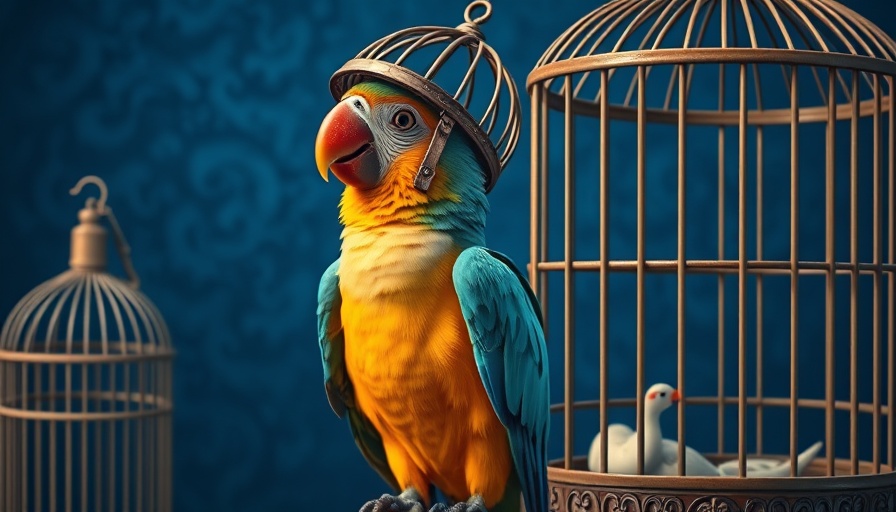 Brightly colored parrot with cage helmet beside open birdcage, pursuit of enlightenment