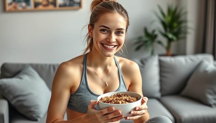 Healthy young female athlete eating granola in a modern living room