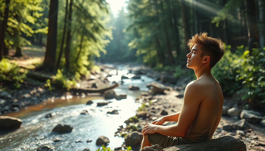 Man reflecting by a stream, symbolizing letting go in sports performance.