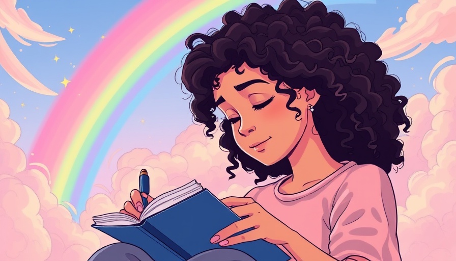Serene woman journaling on a rainbow amid vibrant clouds.