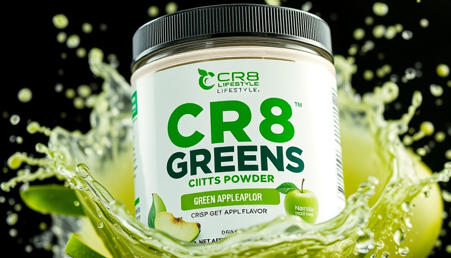 Gut health greens powder jar with apple splash background.