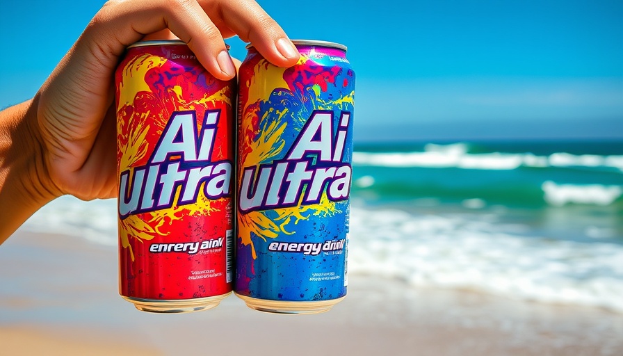 Ai UltraDopa energy drink cans with dopamine optimization design at a beach.