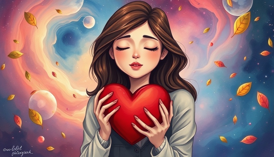 Dreamy cartoon of woman embracing love, cosmic background.