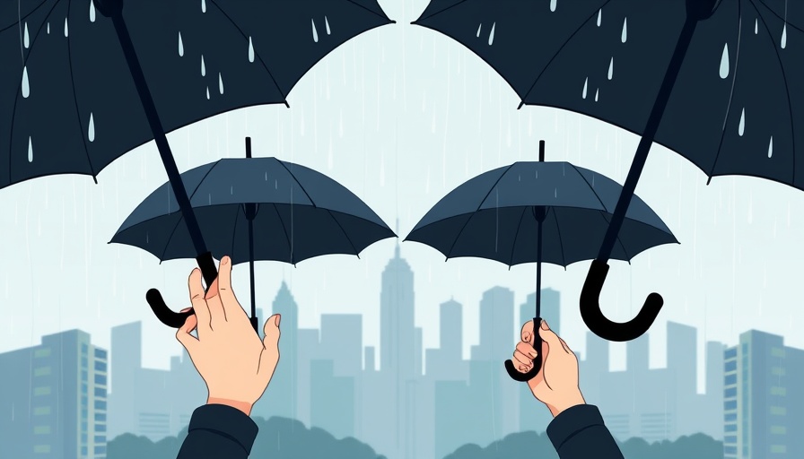 Illustration of umbrellas under rain with city backdrop, 12-Minute Meditation for Athletes