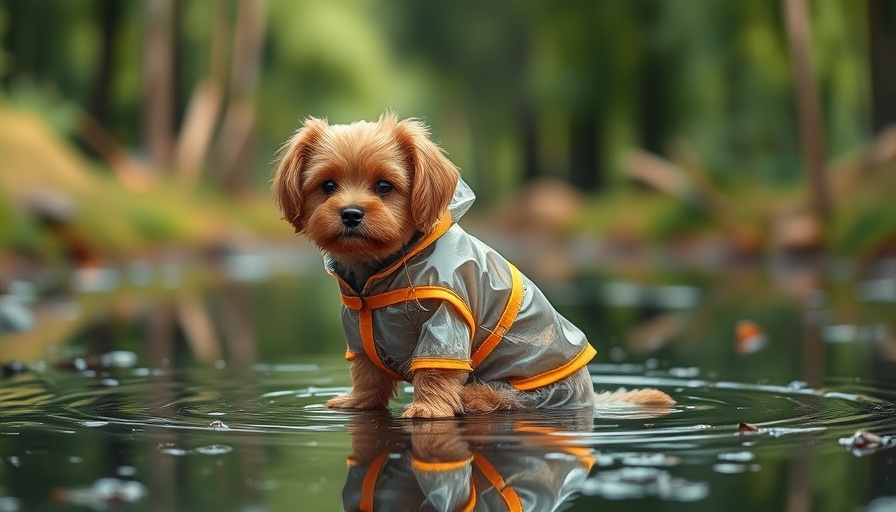Dog in raincoat sitting in a puddle with forest background.