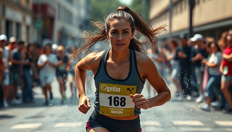 Female marathoner in city race mist spray, hydrate for performance.