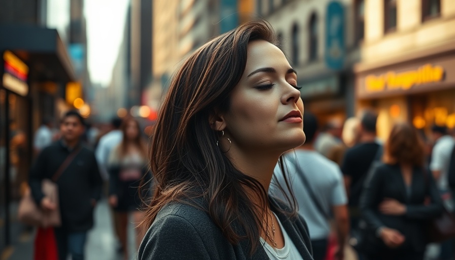 Woman practicing mindfulness amid crowded city