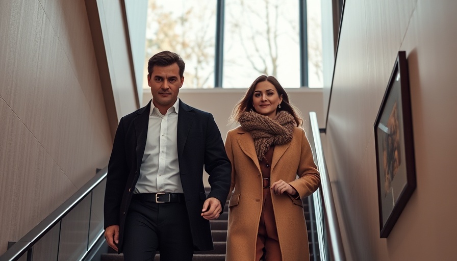 Fall fashion Raleigh: elegant couple descending staircase indoors.