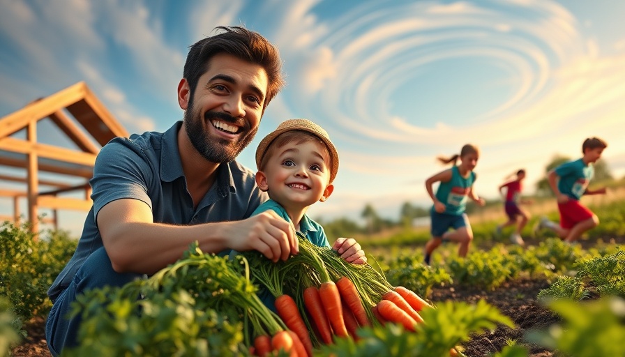 Father and son planting carrots amidst runners symbolizing pursuing true fulfillment in sports.
