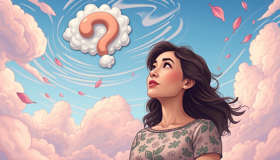 Curious woman looking at question mark cloud in a whimsical sky, illustrating curiosity in chronic illness management.