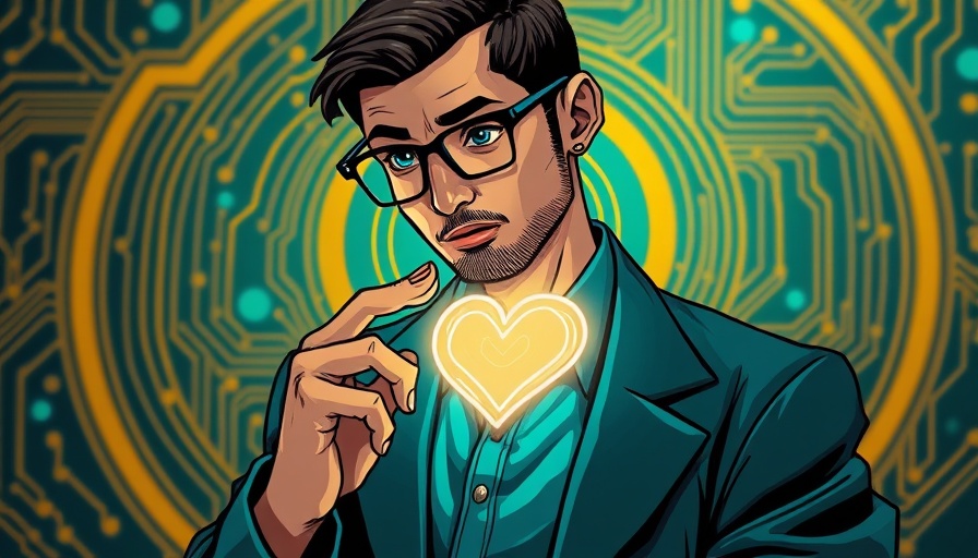 Intricate cartoon of man with glowing heart, AI can never replace us.