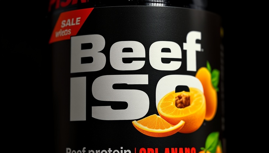 Beef Iso protein supplement label with tropical flavor design.